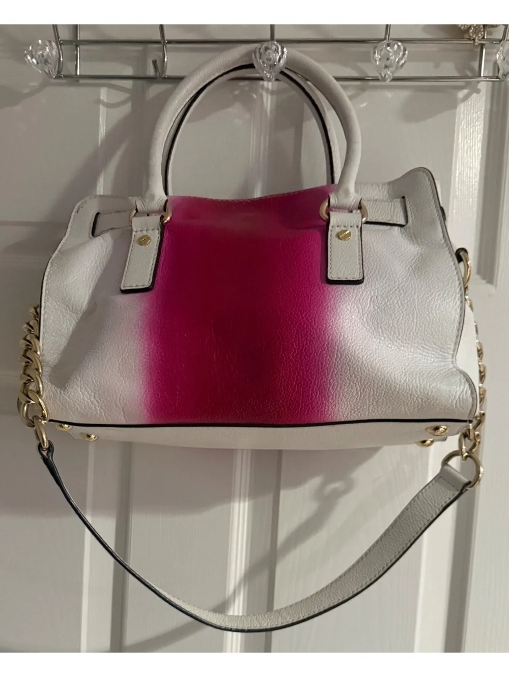 Michael Kors White and Pink Leather Satchel Handbag with Gold Hardware